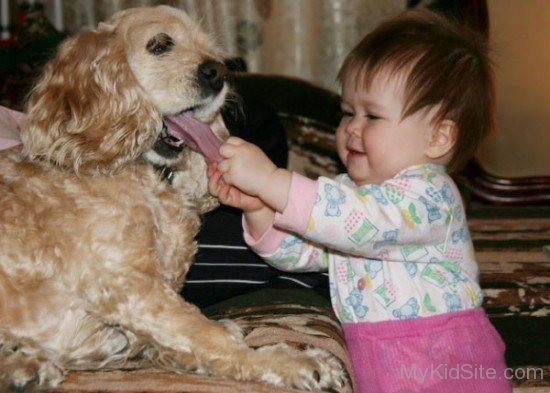 Baby Girl Holding Dog’s Tongue